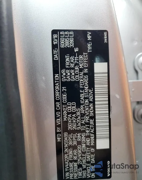 2019 Volvo Xc90 T6 Inscription из США, поврежденный, VIN YV4A22PL2K1459499